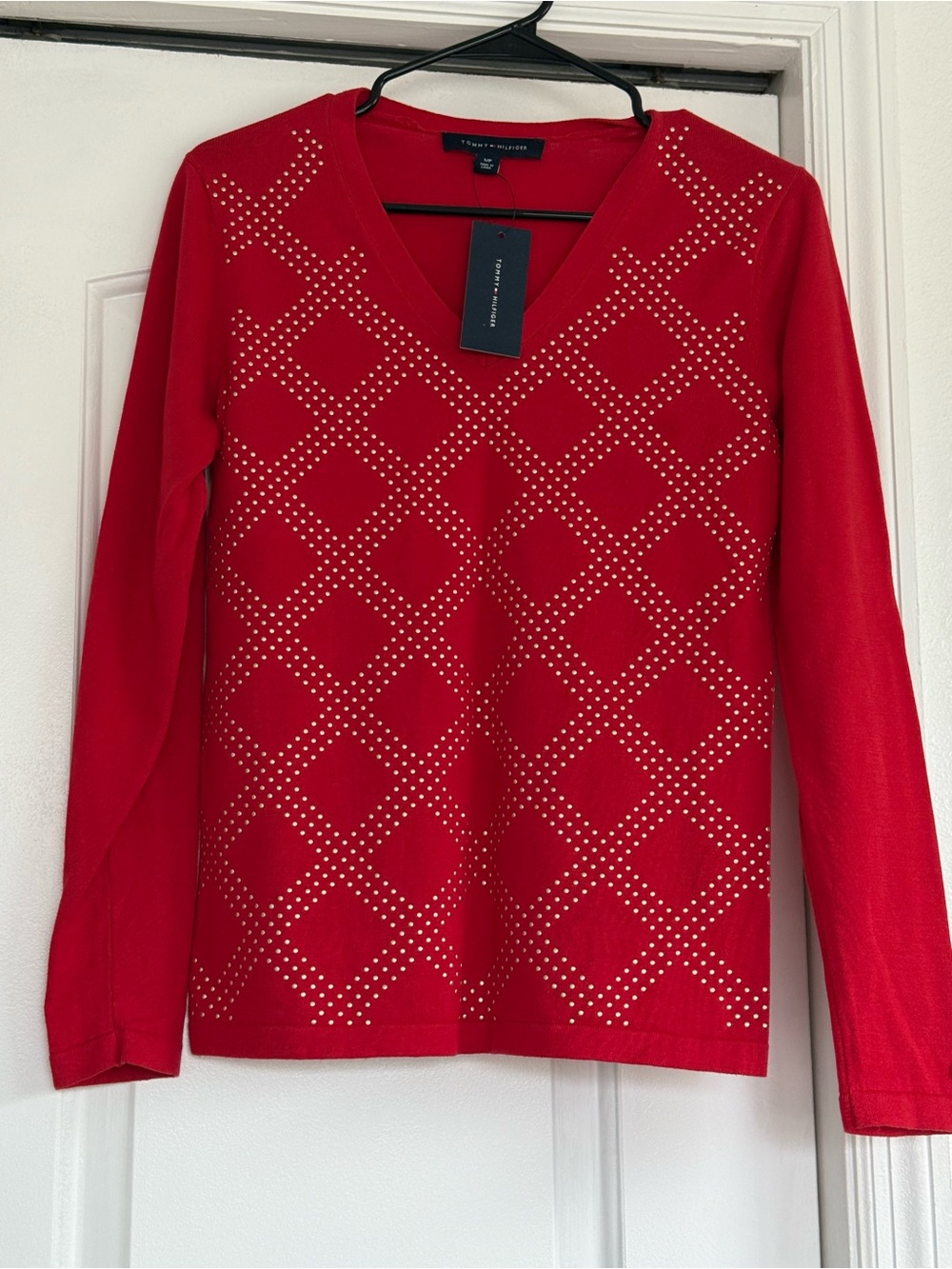 Tommy Hilfiger Red V-Neck Studded Diamond-Pattern Sweater Top